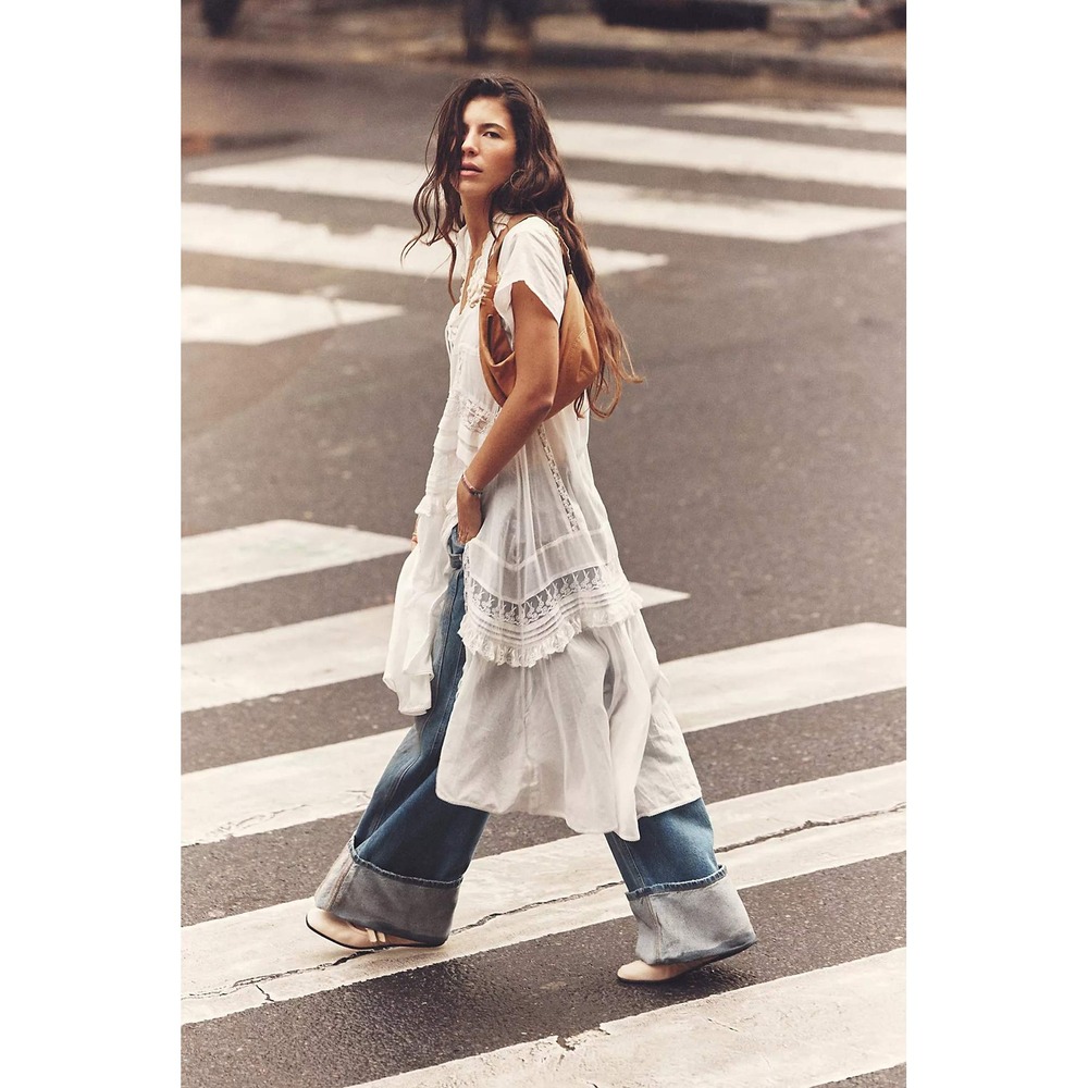 Free People Sheer Voile and Lace Trapeze Tunic Dress White Small